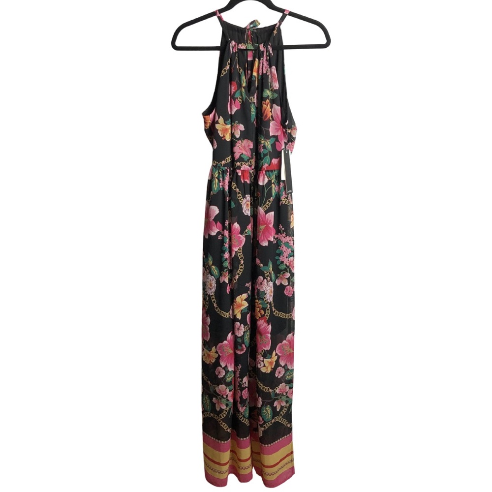 Nicole Miller Black Tropical Floral Halter Maxi Gold Chain Print Size 8 Dress
